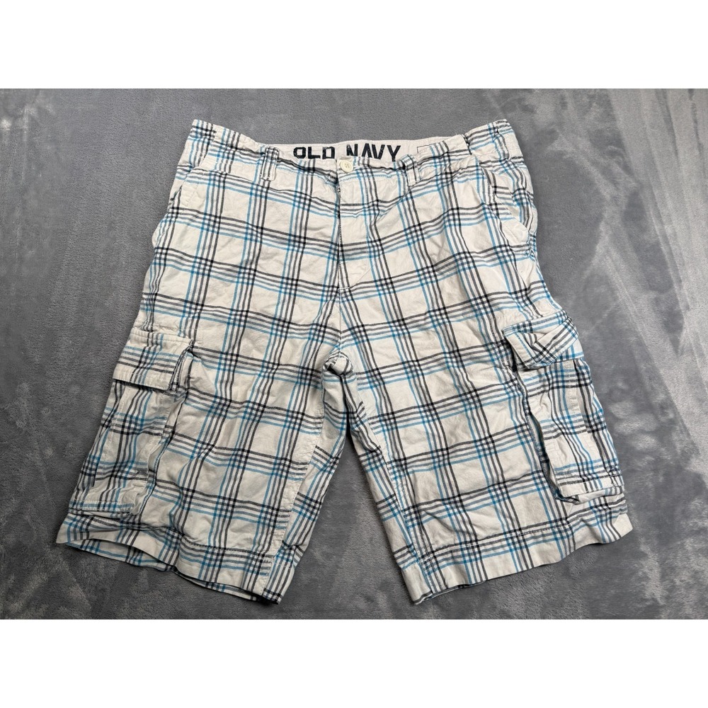 Old Navy Cargo Shorts Mens 32 White Plaid Relaxed Fit Utility
